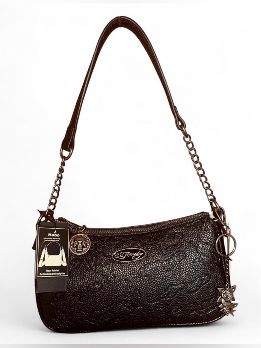 Ed Hardy Black Embossed Shoulder Hobo Bag